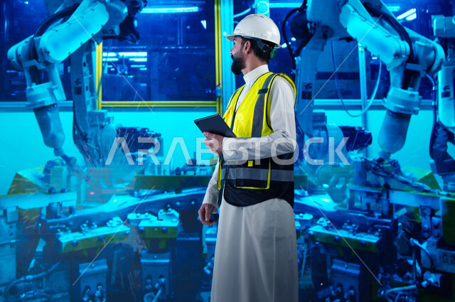 التطور و التحول التقني والتكنولوجي الحديث, تشغيل خط الإنتاج بإستخدام جهاز التابلت, اعتماد الآليات و الذكاء الاصطناعي في الهندسة, كفاءة الإنتاج و التصنيع وتحقيق الثورة الصناعية, مهندس عربي سعودي خليجي مبتسم يتابع سير الأعمال, رؤية سعودية مستقبلية 2030
