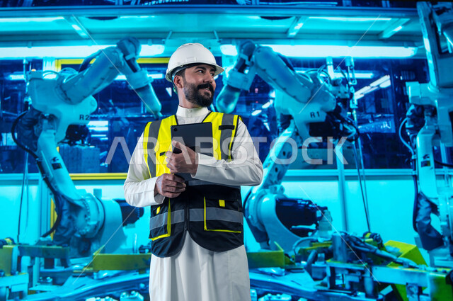 Operating the production line using a tablet device, adopting mechanisms and artificial intelligence in engineering, efficient production and manufacturing and achieving the industrial revolution, modern technical and technological transformation, a smili