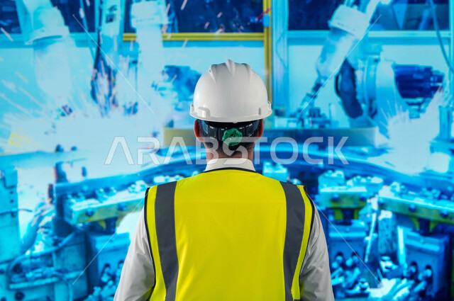 رؤية مستقبيله سعوديه 2030, الكفاءه في التصنيع والإنتاج وتحقيق الثوره الصناعيه, إستخدام روبوتات الذكاء الاصطناعي في المصانع, التطور والتحول التقني والتكنولوجي الحديث,  صورة من الخلف لمهندس عربي سعودي خليجي, الاعتماد على التشغيل الآلي.