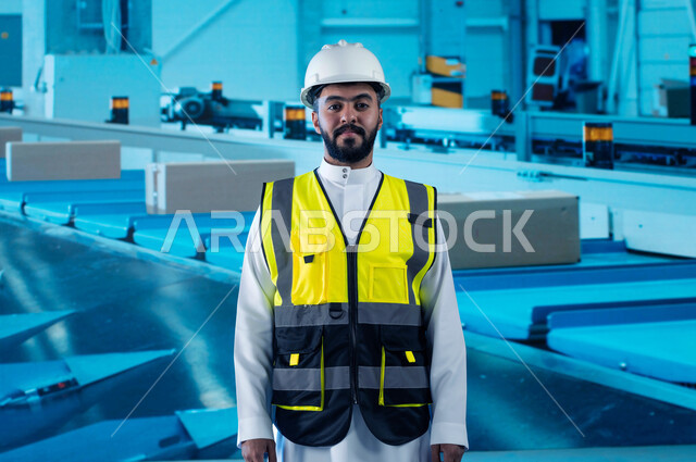  تسريع عجلة الانتاج في مصانع التغليف باستخدام التكنولوجيا الحديثة, صورة مقربة لمهندس عربي خليجي سعودي مبتسم يقف بإستقامة ينظر الى الكاميرا, تسهيل عملية التعبئة والتغليف بامتلاك أحدث الأدوات والمعدات, انتشار الهندسة الصناعية في المملكة العربية السعودية.