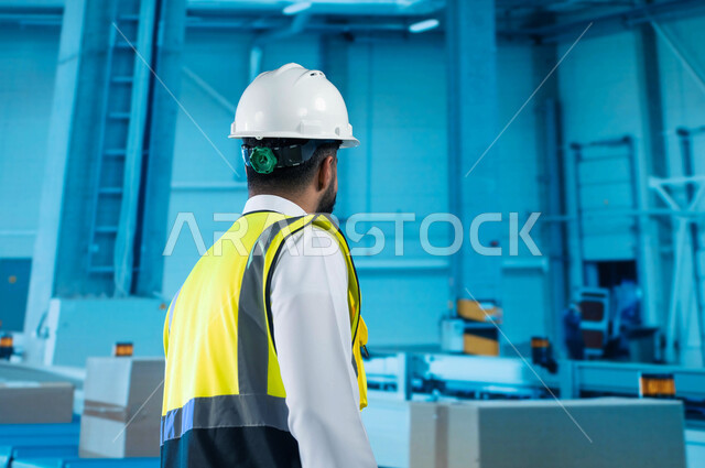 تسهيل عمليه تعبئه و تغليف المنتجات بامتلاك أحدث الأدوات والمعدات, صورة من الخلف لمهندس عربي خليجي سعودي يرتدي سترة و خوذة الحماية في معامل التعبئة و التغليف, تسريع عجلة الانتاج في المصانع باستخدام التكنولوجيا الحديثة, انتشار الهندسة الصناعية في السعودية