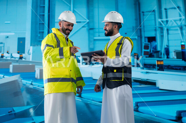 إدارة المعدات والآلات والتحكم بهم  باستخدام جهاز التابلت, تسهيل عملية التعبئة والتغليف بامتلاك أحدث الأدوات والمعدات, تسريع عجلة الانتاج في مصانع التغليف باستخدام التكنولوجيا الحديثة, مهندسان عربيان خلجيان سعوديان في المصنع.