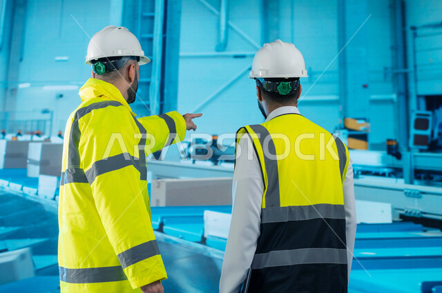 تسهيل عملية التعبئة والتغليف بامتلاك أحدث الأدوات والمعدات, تسريع عجلة الانتاج في مصانع التغليف باستخدام التكنولوجيا الحديثة, انتشار الهندسة الصناعية في المملكة العربية السعودية, صورة من الخلف لمهندسان عربيان خلجيان سعوديان في المصنع.