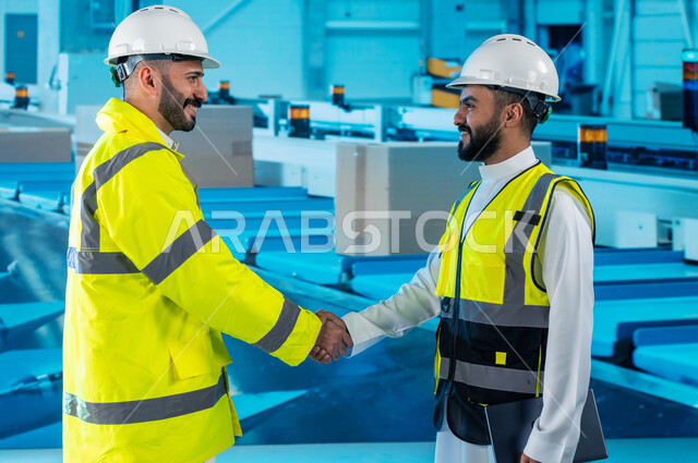 Handshaking for the success of the work plan, the spread of industrial engineering in the Kingdom of Saudi Arabia, facilitating the packaging process by owning the latest tools and equipment, a close-up of two Saudi Gulf Arab engineers in the factory, man