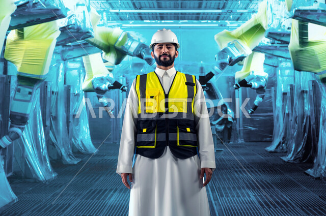 الجودة في تصنيع وإنتاج السيارات وتحقيق الثورة الصناعية, هندسة السيارات في المعامل الحديثة, مهندس عربي سعودي خليجي مبتسم يشرف على أعمال الصيانة, استخدام روبوتات الذكاء الاصطناعي في المصانع, الاعتماد على التشغيل الآلي, رؤية سعودية مستقبلية 2030