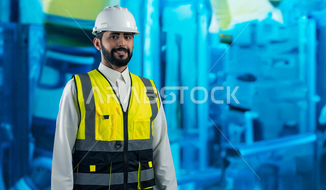 هندسة السيارات في المعامل الحديثة, الجودة في تصنيع وإنتاج السيارات وتحقيق الثورة الصناعية, صورة مقربة لمهندس عربي سعودي خليجي مبتسم يشرف على أعمال الصيانة, استخدام روبوتات الذكاء الاصطناعي في المصانع, الاعتماد على التشغيل الآلي, رؤية سعودية مستقبلية 2030