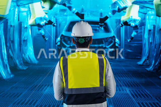 الاعتماد على التشغيل الآلي, صورة من الخلف لمهندس عربي سعودي خليجي يشرف على أعمال الصيانة, استخدام روبوتات الذكاء الاصطناعي في المصانع, هندسة السيارات في المعامل الحديثة, الجودة في تصنيع وإنتاج السيارات وتحقيق الثورة الصناعية, رؤية سعودية مستقبلية 2030