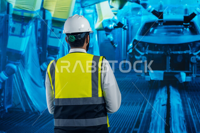 هندسة السيارات في المعامل الحديثة, الجودة في تصنيع وإنتاج السيارات وتحقيق الثورة الصناعية, صورة من الخلف لمهندس عربي سعودي خليجي يشرف على أعمال الصيانة, استخدام روبوتات الذكاء الاصطناعي في المصانع, الاعتماد على التشغيل الآلي, رؤية سعودية مستقبلية 2030