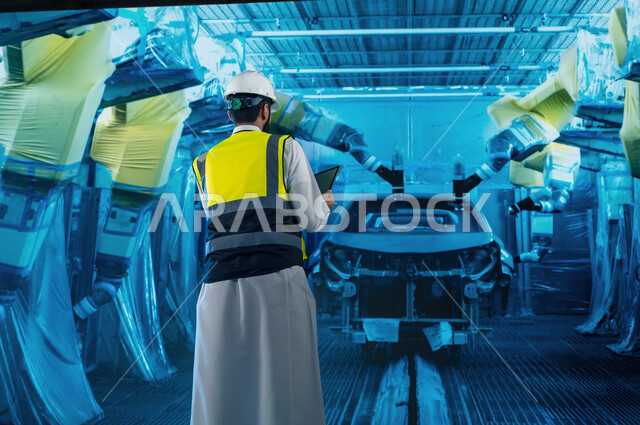 الجودة في تصنيع وإنتاج السيارات وتحقيق الثورة الصناعية, صورة من الخلف لمهندس عربي سعودي خليجي يستخدم جهاز التابلت, استخدام روبوتات الذكاء الاصطناعي في المصانع, الاعتماد على التشغيل الآلي, بناء وطلاء السيارات في المعامل الحديثة, رؤية سعودية مستقبلية 2030.