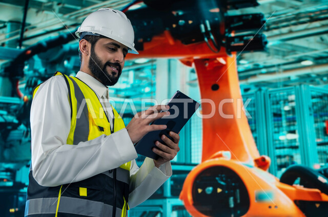 الجوده في الإنتاج و التصنيع وتحقيق الثورة الصناعية, التحول و التطور التقني والتكنولوجي الحديث, اعتماد التشغيل الآلي و الذكاء الصنعي في الهندسة,  مهندس عربي سعودي خليجي يتابع سير الأعمال بإستخدام جهاز التابلت, رؤية سعودية  مستقبلية 2030 