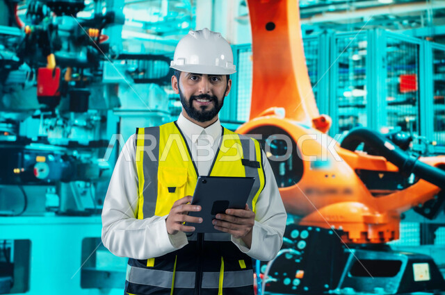 التطور في الإنتاج و التصنيع وتحقيق الثورة الصناعية, متابعة سير العملية الإنتاجية في المصانع, التحول التقني والتكنولوجي الحديث, اعتماد التشغيل الآلي و الذكاء الصنعي في الهندسة, مهندس عربي سعودي خليجي مبتسم يستخدم جهاز التابلت, رؤية سعودية  مستقبلية 2030 