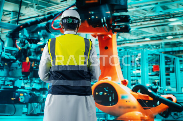 التحول و التطور التقني والتكنولوجي الحديث, دمج روبوتات الذكاء الاصطناعي مع الصناعات, اعتماد التشغيل الآلي, الكفاءة في التصنيع والإنتاج وتحقيق الثورة الصناعية, صورة من الخلف لمهندس عربي سعودي خليجي يتابع سير الأعمال, رؤية سعودية  مستقبلية 2030 