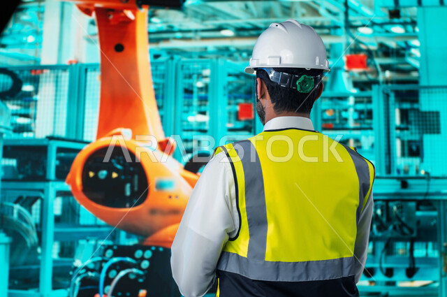 دمج روبوتات الذكاء الاصطناعي مع الصناعات, اعتماد التشغيل الآلي, التطور والتحول التقني والتكنولوجي الحديث, الكفاءة في التصنيع والإنتاج وتحقيق الثورة الصناعية, صورة من الخلف لمهندس عربي سعودي خليجي يتابع سير الأعمال, رؤية سعودية  مستقبلية 2030 