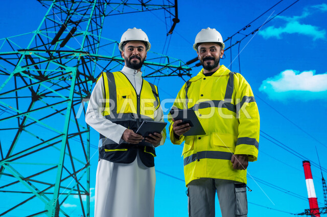 Supervisor of the construction and maintenance of electric towers, the use of technology and technology in future projects, dialogues and discussions between engineers, two smiling Saudi Arabian Gulf engineers supervising power plants using tablets, again