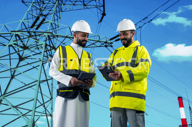 The use of technology and technology in future projects, dialogues and discussions between engineers, two Saudi Arabian Gulf engineers supervising power plants using tablets, responsible for the construction and maintenance of electric towers, the backgro