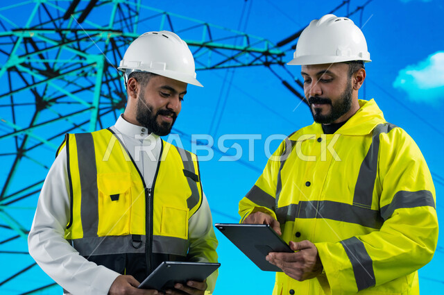 Dialogues and discussions between engineers, the use of technology and technology in future projects, a close-up of two Saudi Arabian Gulf engineers supervising power plants using tablets, the director of construction and maintenance of electric towers, t