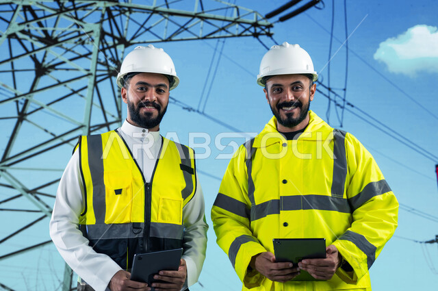 The use of technology and technology in future projects, dialogues and discussions between engineers, a close-up of two smiling Saudi Arabian Gulf engineers supervising power plants using tablets, construction and maintenance managers of electric towers, 