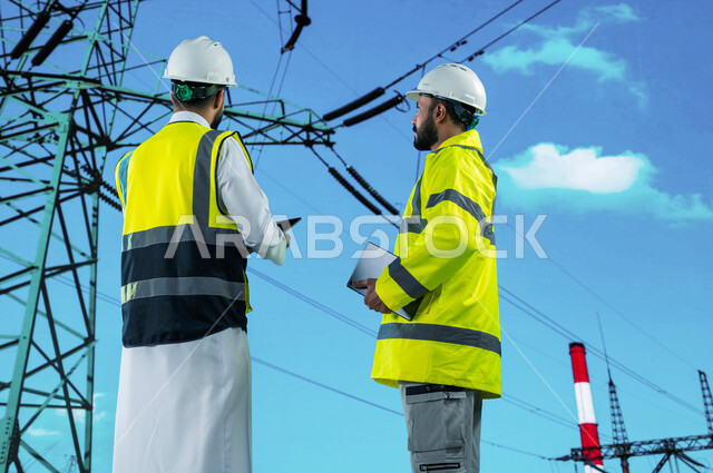 حوارات ونقاشات بين المهندسين, مهندسين صيانة وإنشاء الأبراج الكهربائية, استخدام التكنولوجيا والتقنية في المشاريع المستقبلية, صورة من الخلف لمهندسان عربيان خليجيان سعوديان يشرفان على محطات توليد الكهرباء, خلفية أسلاك و أعمدة كهربائية.