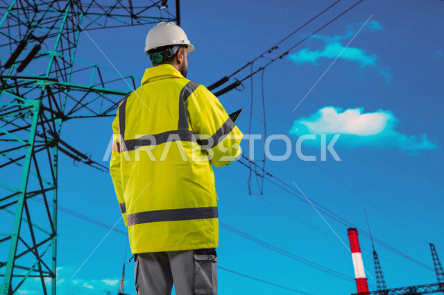 The use of technology and technology in future projects, a back image of an Arab Gulf Saudi engineer holding a technical device in his hand writing and taking notes, director of construction and maintenance of power plants, background of electricity distr
