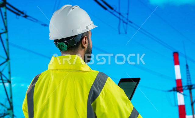 Supervision of power plants, the use of technology and technology in future projects, a back image of an Arab Gulf Saudi engineer holding a technical device in his hand writing and taking notes, the director of construction and maintenance of power plants