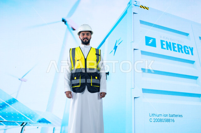Providing and producing electric energy from the sun and wind, a smiling Saudi Arabian Gulf engineer looking at the camera, supervising and checking solar panels and wind turbines, the background of electric energy storage and wind turbines.