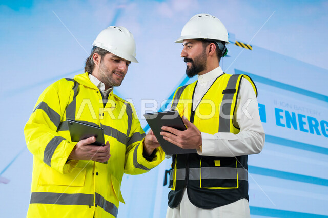 Electricity production using alternative energies, electric power generation from the sun and wind, two smiling Gulf Saudi Arabian engineers using tablets, supervision and auditing of solar panels and wind turbines, background of electric energy storage a