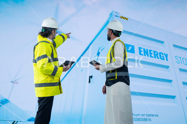 Electricity generation using alternative energies, saving and producing electric energy from the sun and wind, two Saudi Arabian Gulf engineers using tablets, supervising and auditing solar panels and wind turbines, the background of electric energy stora