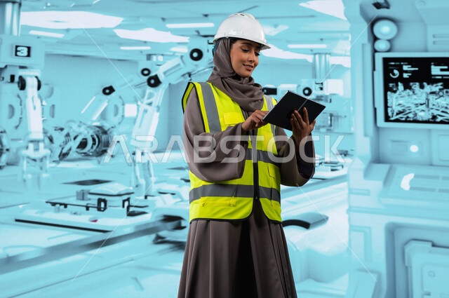 رؤية مستقبلية سعودية 2030, استخدام روبوتات الذكاء الاصطناعي في المصانع, التطور والتحول التقني والتكنولوجي الحديث, الاعتماد على التشغيل الآلي, الكفاءة في التصنيع والإنتاج وتحقيق الثورة الصناعية , مهندسة سعودية خليجية تستخدم جهاز التابليت.