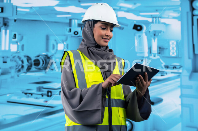 The use of artificial intelligence robots in factories, modern technical and technological development and transformation, reliance on automation, efficiency in manufacturing and production and achieving the industrial revolution, a Saudi Gulf engineer us