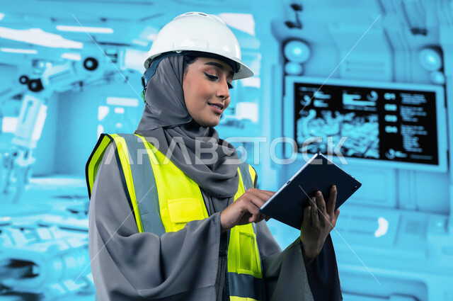 التطور والتحول التقني والتكنولوجي الحديث, استخدام روبوتات الذكاء الاصطناعي في المصانع, الاعتماد على التشغيل الآلي, الكفاءة في التصنيع والإنتاج وتحقيق الثورة الصناعية , مهندسة سعودية خليجية تستخدم جهاز التابليت , رؤية مستقبلية سعودية 2030.