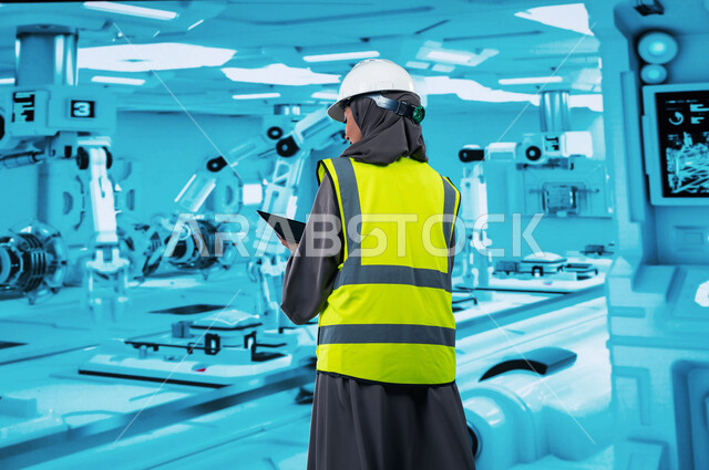 Reliance on automation, the use of artificial intelligence robots in factories, modern technical and technological development and transformation, efficiency in manufacturing and production and the realization of the industrial revolution, a back image of