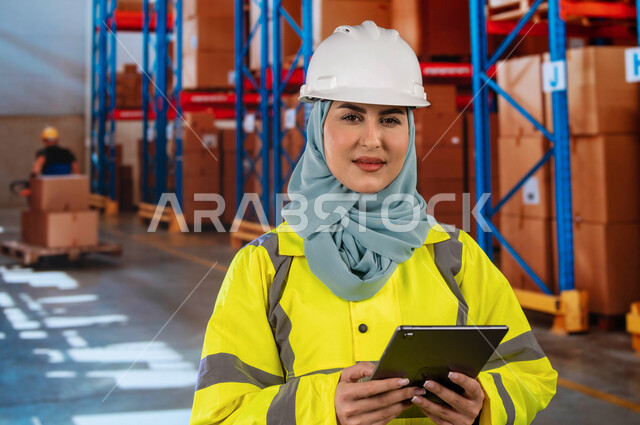 Classification, arrangement and coding of required materials, determining the stock level in the warehouse, a close-up of a Saudi Arabian Gulf engineer in the warehouse holding a portable tablet to ensure the availability of goods, a background of boxes a
