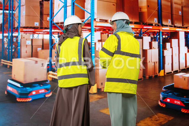 عمليات ترتيب وتنظيم المستودعات المحلية، دمج التقنية و التكنولوجيا مع العمل, استخدم أجهزة التابلت للتأكد من وجود وتوفر البضاعة، صورة من الخلف لمسؤولات استلام عرب سعوديات خليجيات في قسم المخازن, خلفية صناديق وكراتين مغلفة.