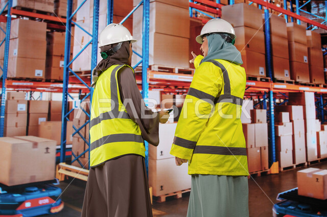 عمليات ترتيب وتنظيم المستودعات المحلية، دمج التقنية و التكنولوجيا مع العمل, استخدم أجهزة التابلت للتأكد من وجود وتوفر البضاعة، صورة من الخلف لمسؤولات استلام عرب سعوديات خليجيات في قسم المخازن, خلفية صناديق وكراتين مغلفة.