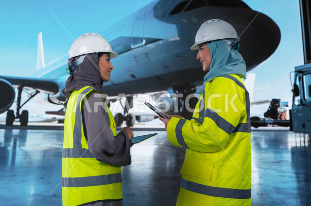 تبادل آراء و أفكار العمل بين المهندسات, شركات الطيران الجوية العربية السعودية, استخدام جهاز التابلت لمتابعة و مراقبة المحركات, صيانة و إنشاء الطائرات النفاثة الحديثة, مفهوم هندسة الطيران, مهندستا طيران سعوديتان عربيتان خليجيتان ترتديان خوذة وسترة الحماية.