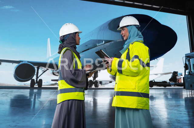 صيانة و إنشاء الطائرات النفاثة الحديثة, شركات الطيران الجوية العربية السعودية, تبادل آراء و أفكار العمل بين المهندسات,  استخدام جهاز التابلت لمتابعة و مراقبة المحركات, مفهوم هندسة الطيران, مهندستا طيران سعوديتان عربيتان خليجيتان ترتديان خوذة وسترة الحماية