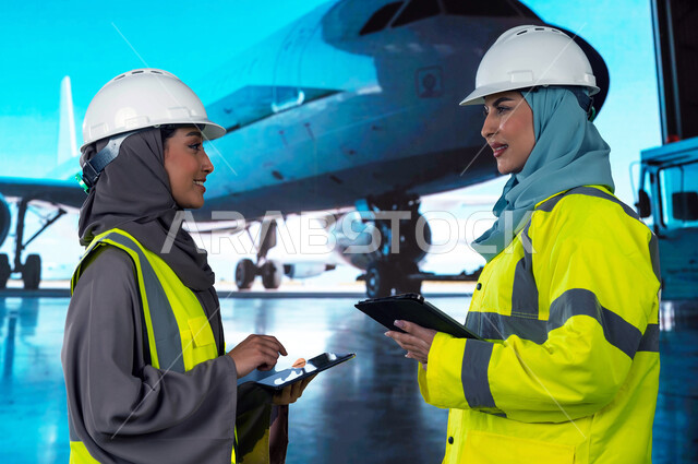 شركات الطيران الجوية العربية السعودية, تبادل آراء و أفكار العمل بين المهندسات,  استخدام جهاز التابلت لمتابعة و مراقبة المحركات, صيانة و إنشاء الطائرات النفاثة الحديثة, مفهوم هندسة الطيران, مهندستا طيران سعوديتان عربيتان خليجيتان ترتديان خوذة وسترة الحماية