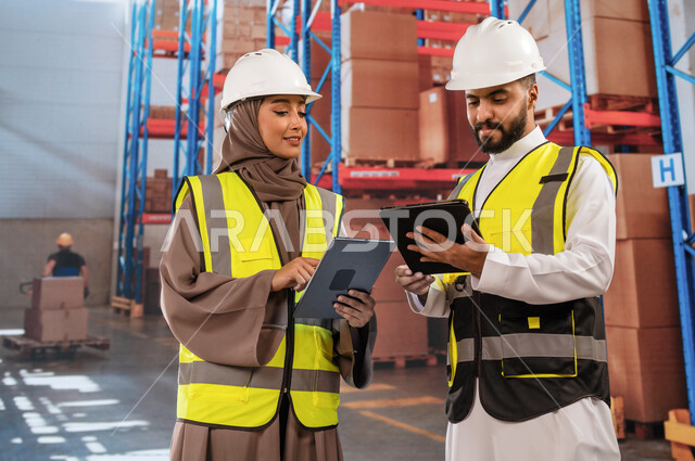 دمج العمل مع التقنية, بضائع و طلبيات سعودية، تحديد مستوى المخزون في المخازن، عمليات الاستلام والتخزين في المستودعات، مدير ترتيب وتنظيم المستودعات المحلية ومهندسة عربية سعودية خليجية يستخدمان أجهزة التابلت, خلفية صناديق وكراتين مغلفة.