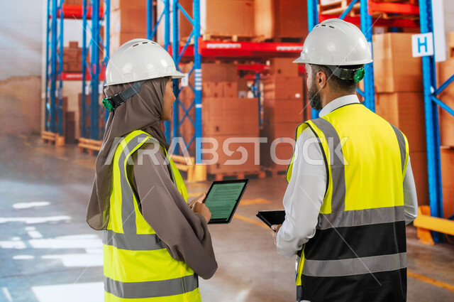 بضائع و طلبيات عربية سعودية خليجية، دمج العمل مع التقنية و التكنولوجيا, عمليات جرد و مطابقة البضائع في المستودع، تصوير من الخلف لمدير ترتيب وتنظيم المستودعات المحلية ومهندسة عربية سعودية خليجية يستخدمان أجهزة التابلت, خلفية صناديق وكراتين مغلفة.