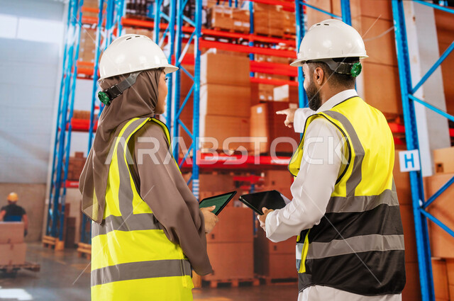 تحضير طلبيات جديدة, بضائع عربية سعودية خليجية، تصوير من الخلف لمدير ترتيب وتنظيم المستودعات المحلية ومهندسة عربية سعودية خليجية يستخدمان أجهزة التابلت, دمج العمل مع التقنية و التكنولوجيا, عمليات جرد و مطابقة البضائع في المستودع، خلفية صناديق مغلفة.