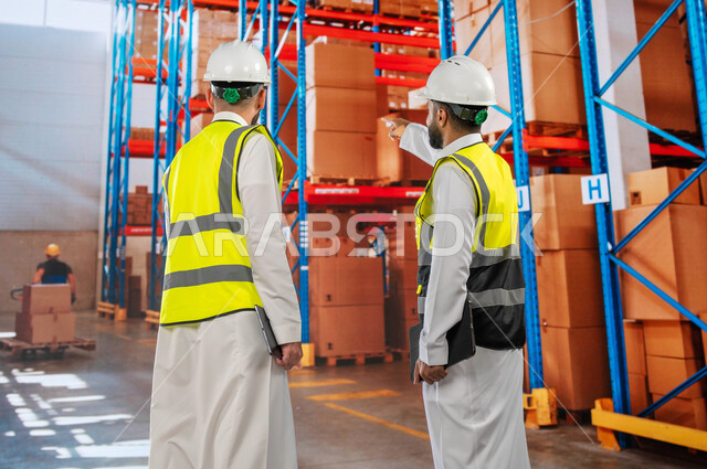 دمج العمل مع التقنية و التكنولوجيا, منتجات و بضائع عربية سعودية خليجية، عمليات جرد و مطابقة البضائع في المستودع، تصوير من الخلف لمدير ترتيب وتنظيم المستودعات المحلية ومهندس عربي سعودي خليجي يحمل بيده جهاز التابلت، خلفية صناديق وكراتين مغلفة.