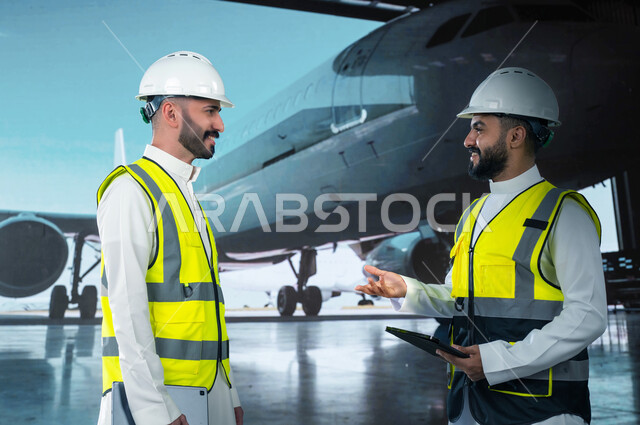 تبادل آراء و أفكار العمل بين المهندسين, شركات الطيران الجوية العربية السعودية, استخدام جهاز التابلت لمتابعة و مراقبة المحركات, صيانة و إنشاء الطائرات النفاثة الحديثة, مفهوم هندسة الطيران, مهندسان طيران سعوديان عربيان خليجيان يرتديان خوذة وسترة الحماية.
