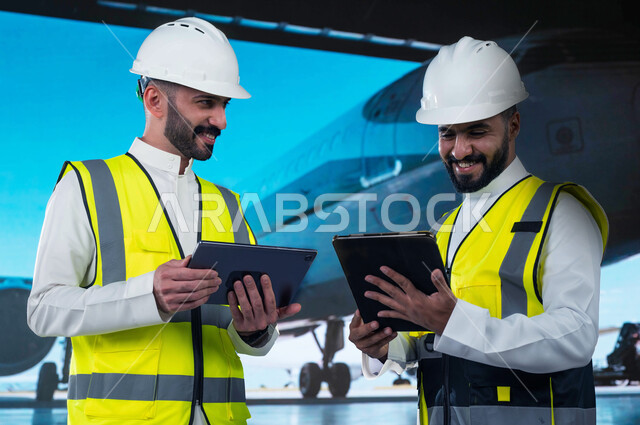 استخدام جهاز التابلت لمتابعة و مراقبة المحركات, صيانة و إنشاء الطائرات النفاثة الحديثة, مفهوم هندسة الطيران, صورة مقربة لمهندسان طيران سعوديان عربيان خليجيان يرتديان خوذة وسترة الحماية,شركات الطيران الجوية العربية السعودية.