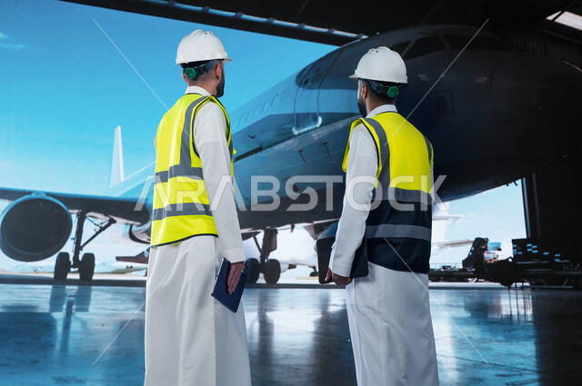 إنشاء وصيانة الطائرات النفاثة الحديثة, مفهوم هندسة الطيران, صورة من الخلف لمهندسان طيران سعوديان عربيان خليجيان يرتديان خوذة وسترة الحماية,شركات الطيران الجوية العربية السعودية, استخدام جهاز التابليت لمراقبة وصيانة المحركات.