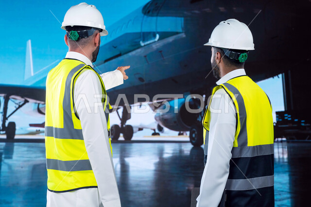 متابعة و مراقبة المحركات, صيانة و إنشاء الطائرات النفاثة الحديثة, مفهوم هندسة الطيران, صورة من الخلف لمهندسان طيران سعوديان عربيان خليجيان يرتديان خوذة وسترة الحماية,شركات الطيران الجوية العربية السعودية.