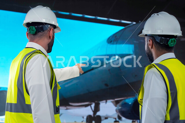 صيانة و إنشاء الطائرات النفاثة الحديثة, مفهوم هندسة الطيران, صورة من الخلف لمهندسان طيران سعوديان عربيان خليجيان يرتديان خوذة وسترة الحماية,شركات الطيران الجوية العربية السعودية, متابعة و مراقبة المحركات.
