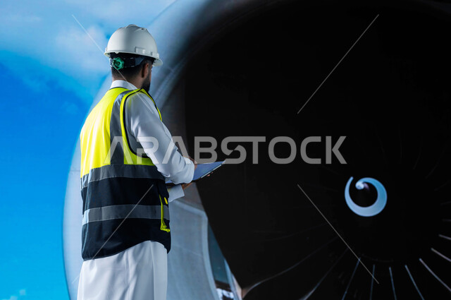  استخدام جهاز التابليت لمراقبة وصيانة المحركات الجويه, مفهوم هندسة الطيران, صورة من الخلف لمهندس طيران سعودي عربي خليجي يرتدي خوذة وسترة الحماية, إنشاء وصيانة الطائرات النفاثة الحديثة, شركات الطيران الجوية العربية السعودية.