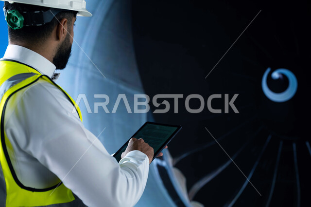 مفهوم هندسة الطيران, صورة من الخلف لمهندس طيران سعودي عربي خليجي يرتدي خوذة وسترة الحماية, إنشاء وصيانة الطائرات النفاثة الحديثة, شركات الطيران الجوية العربية السعودية, استخدام جهاز التابليت لمراقبة وصيانة المحركات.