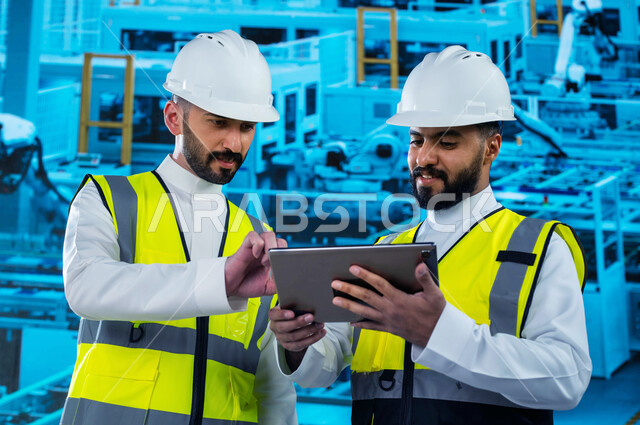 استخدام التكنولوجيا و أجهزة التابلت و روبوتات الذكاء الاصطناعي في المصانع، تحقيق الثورة الصناعية والكفاءة في التصنيع والإنتاج، صورة مقربة لمهندسان عربيان خليجيان سعوديان في مصنع متطور ، الاعتماد على التشغيل الآلي، التحول التقني والتكنولوجي الحديث.