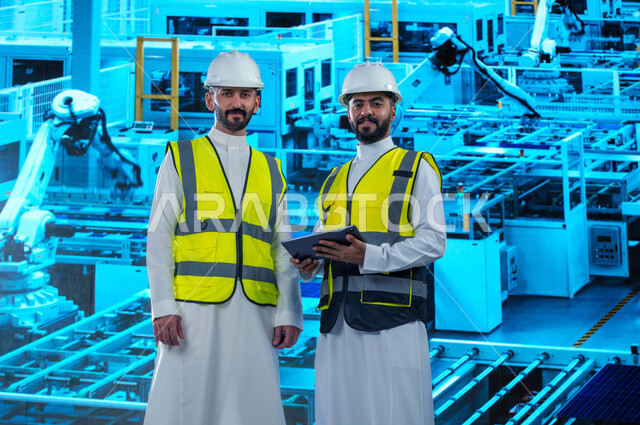  إستخدام أجهزة التابلت و التكنولوجيا و روبوتات الذكاء الاصطناعي في المصانع، مهندسان عربيان خليجيان سعوديان في مصنع متطور ، الاعتماد على التشغيل الآلي، التحول التقني والتكنولوجي الحديث، الكفاءة في التصنيع والإنتاج وتحقيق الثورة الصناعية،  رؤية مستقبلية2023